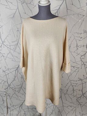 Repeat Ivory Merino Wool Ribbed Knit Batwing Tunic Sweater